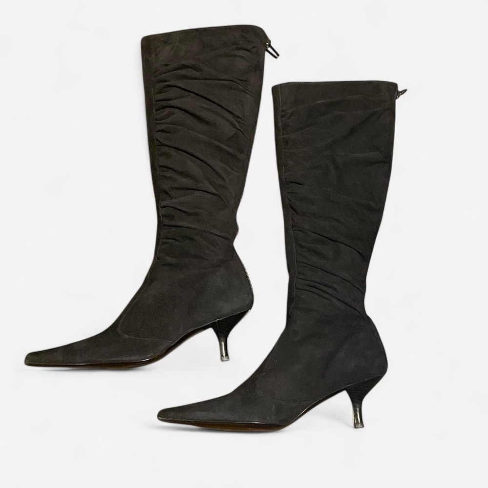 Vintage Jigsaw Black ruched suede knee high kitten heel boots